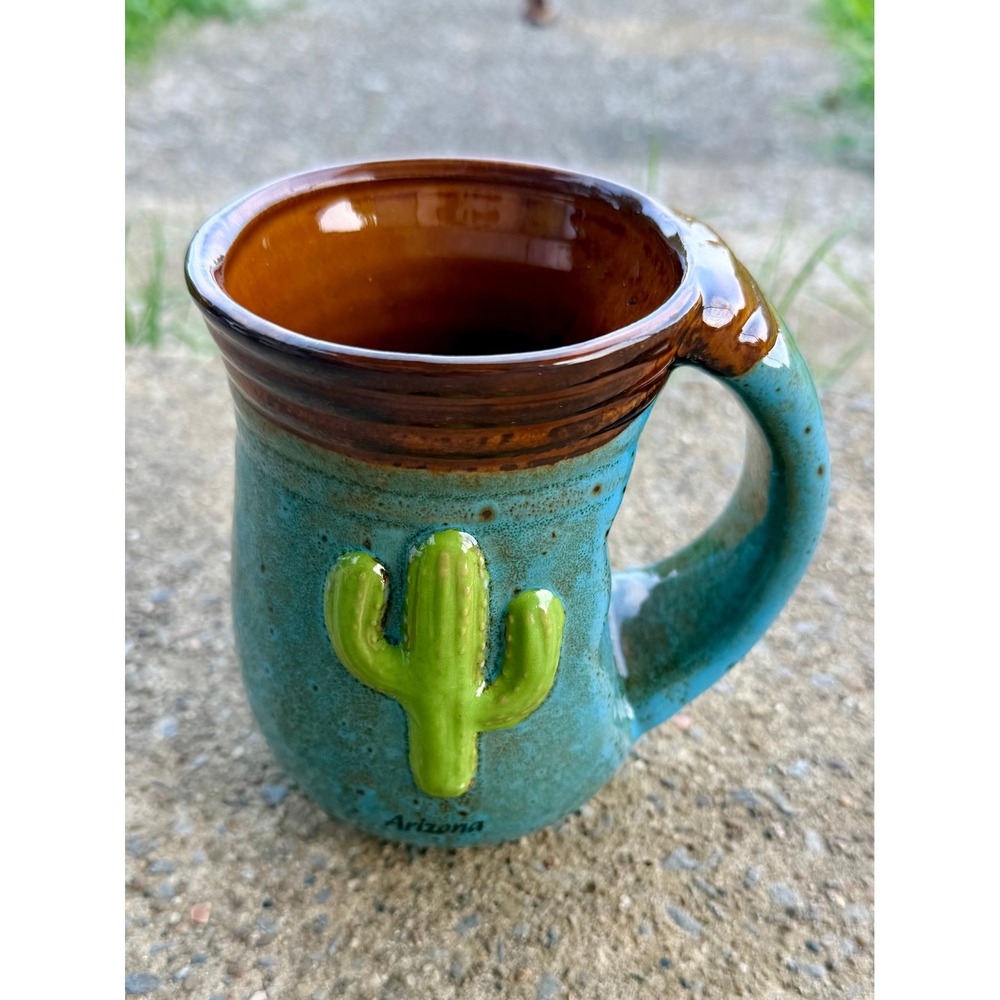 Cape Shore Arizona Souvenir Mug Turquoise Blue Brown Glaze 3D Saguaro Cactus Mug